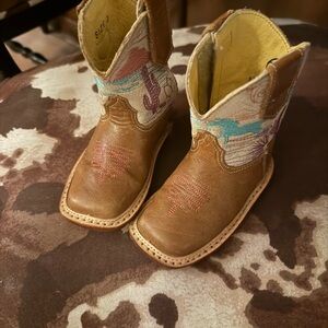 Roper Tan Leather Kids Western Boots with Turquoise and Pink Embroidery